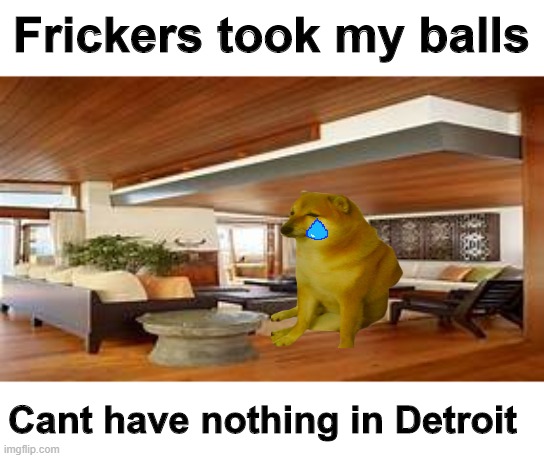 Upvote now | Frickers took my balls; Cant have nothing in Detroit | image tagged in cheems | made w/ Imgflip meme maker