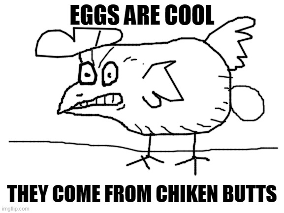 Blank White Template | EGGS ARE COOL; THEY COME FROM CHIKEN BUTTS | image tagged in blank white template | made w/ Imgflip meme maker