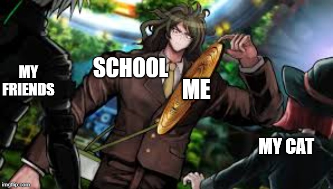 My social life | SCHOOL; MY FRIENDS; ME; MY CAT | image tagged in danganronpa | made w/ Imgflip meme maker