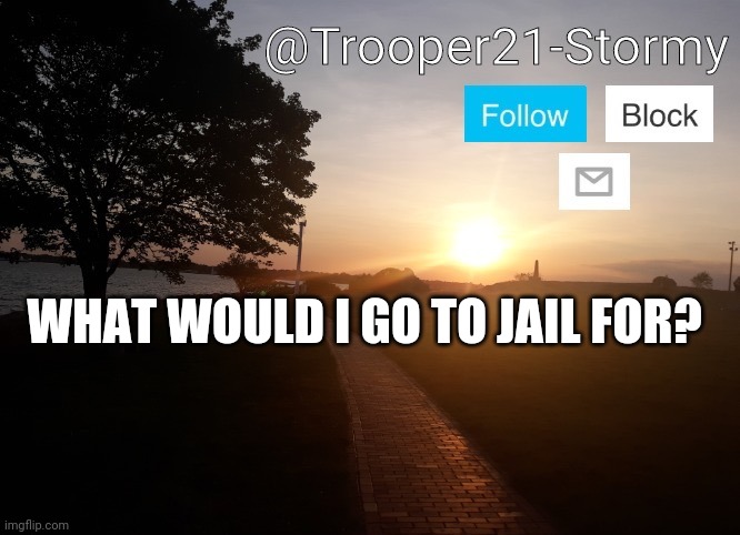 Trooper21-Stormy | WHAT WOULD I GO TO JAIL FOR? | image tagged in trooper21-stormy | made w/ Imgflip meme maker