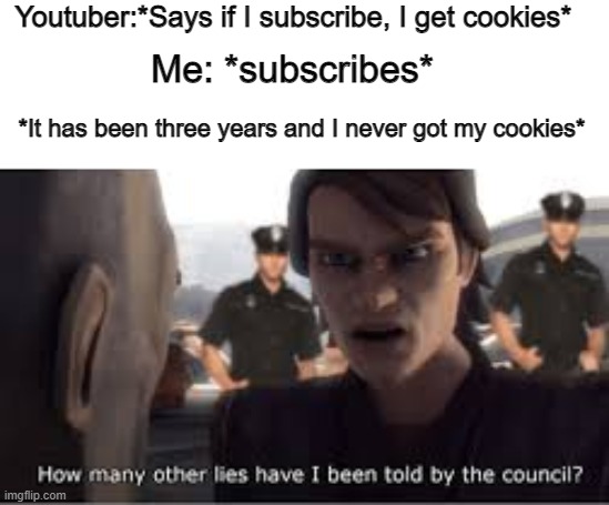 True | Youtuber:*Says if I subscribe, I get cookies*; Me: *subscribes*; *It has been three years and I never got my cookies* | image tagged in how many lies have i been told by the council | made w/ Imgflip meme maker