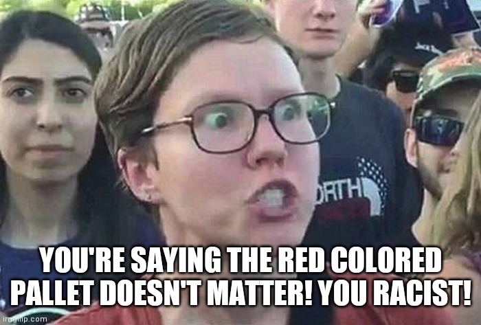 Triggered Liberal | YOU'RE SAYING THE RED COLORED PALLET DOESN'T MATTER! YOU RACIST! | image tagged in triggered liberal | made w/ Imgflip meme maker