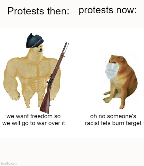 Buff Doge vs. Cheems Meme | protests now:; Protests then:; we want freedom so we will go to war over it; oh no someone's racist lets burn target | image tagged in protesters | made w/ Imgflip meme maker