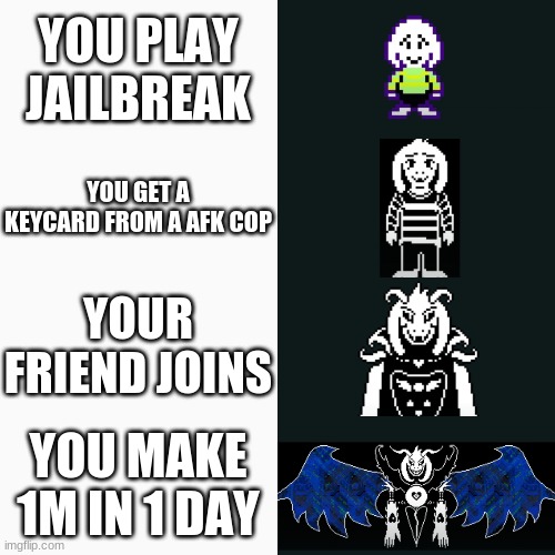 Asriel Dreemurr 4 Panel | YOU PLAY JAILBREAK; YOU GET A KEYCARD FROM A AFK COP; YOUR FRIEND JOINS; YOU MAKE 1M IN 1 DAY | image tagged in asriel dreemurr 4 panel | made w/ Imgflip meme maker