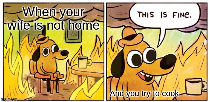 This Is Fine | When your wife is not home; And you try to cook | image tagged in memes,this is fine | made w/ Imgflip meme maker