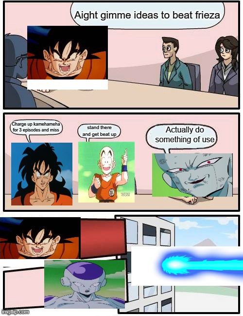 dbz meeting suggestion | Aight gimme ideas to beat frieza; Charge up kamehameha for 3 episodes and miss; Actually do something of use; stand there and get beat up | image tagged in memes,boardroom meeting suggestion | made w/ Imgflip meme maker