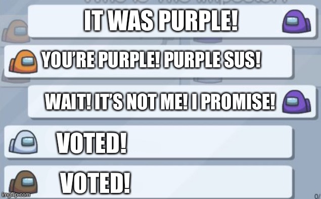 Among us sus | IT WAS PURPLE! YOU’RE PURPLE! PURPLE SUS! WAIT! IT’S NOT ME! I PROMISE! VOTED! VOTED! | image tagged in among us chat | made w/ Imgflip meme maker