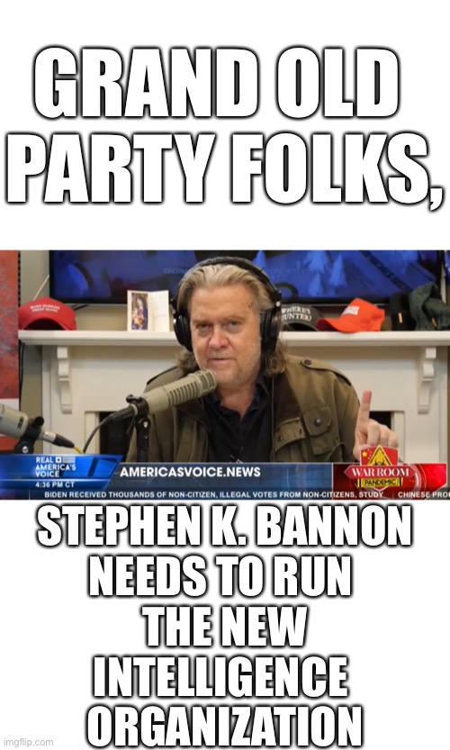 The GOP needs a new intelligence organization! | GRAND OLD 
PARTY FOLKS, STEPHEN K. BANNON
NEEDS TO RUN 
THE NEW
INTELLIGENCE 
ORGANIZATION | image tagged in republican party,gop,election 2020,president trump,election fraud,voter fraud | made w/ Imgflip meme maker