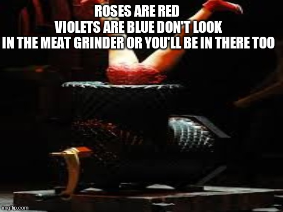 Credit goes to AashaRooksSTUDENT for the IDea | ROSES ARE RED 
VIOLETS ARE BLUE DON'T LOOK IN THE MEAT GRINDER OR YOU'LL BE IN THERE TOO | made w/ Imgflip meme maker