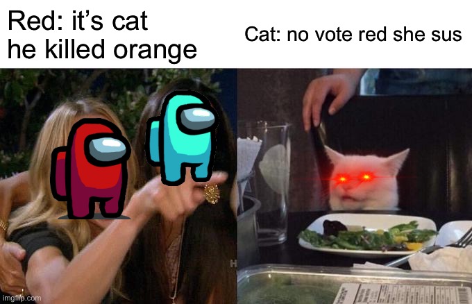 Woman Yelling At Cat Meme | Red: it’s cat he killed orange; Cat: no vote red she sus | image tagged in memes,woman yelling at cat | made w/ Imgflip meme maker