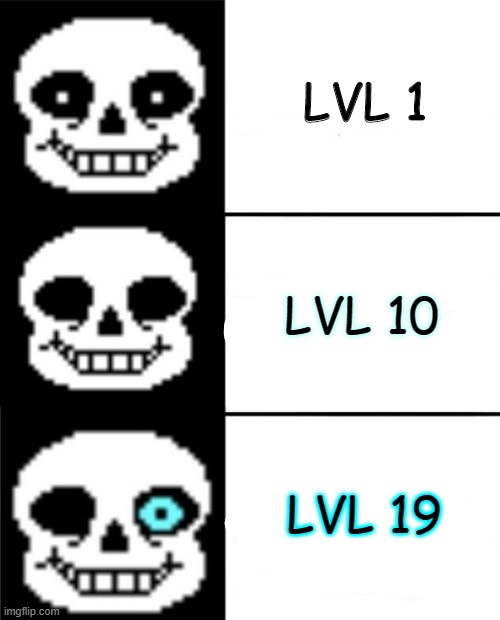 Sans will give you bad time when you are lv19 | LVL 1; LVL 10; LVL 19 | image tagged in sans | made w/ Imgflip meme maker