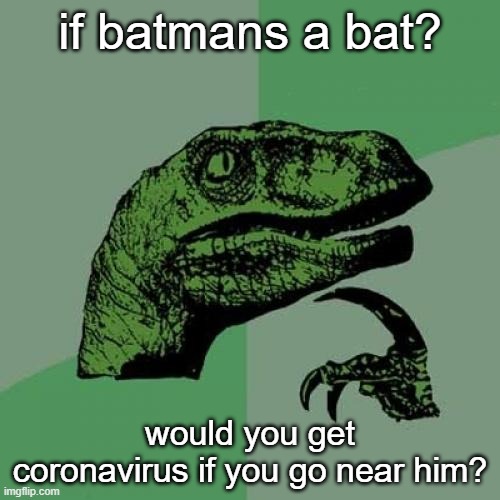 i wonder | if batmans a bat? would you get coronavirus if you go near him? | image tagged in memes,philosoraptor | made w/ Imgflip meme maker