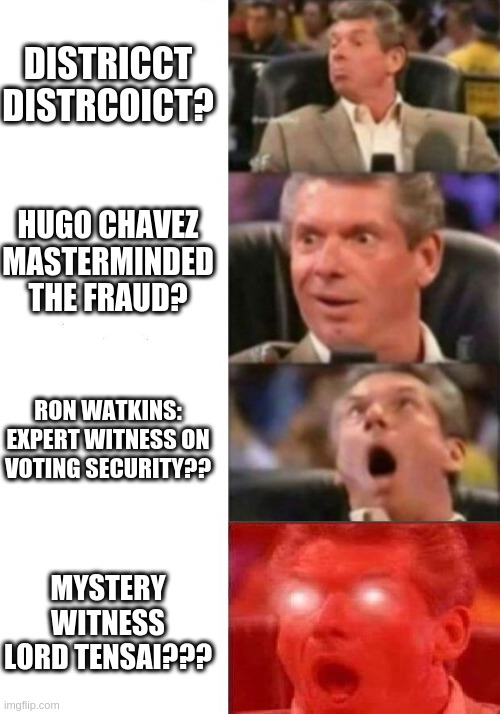 Mr. McMahon reaction | DISTRICCT DISTRCOICT? HUGO CHAVEZ MASTERMINDED THE FRAUD? RON WATKINS: EXPERT WITNESS ON VOTING SECURITY?? MYSTERY WITNESS LORD TENSAI??? | image tagged in mr mcmahon reaction | made w/ Imgflip meme maker