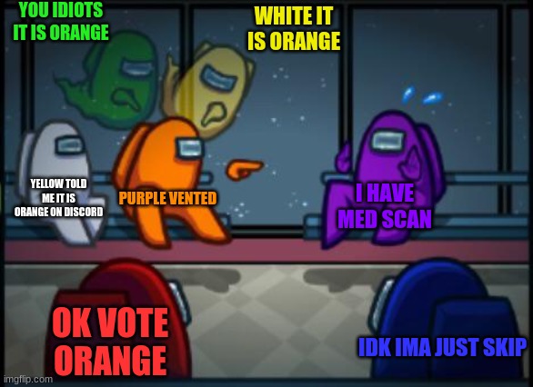 Among us blame | YOU IDIOTS IT IS ORANGE; WHITE IT IS ORANGE; YELLOW TOLD ME IT IS ORANGE ON DISCORD; PURPLE VENTED; I HAVE MED SCAN; OK VOTE ORANGE; IDK IMA JUST SKIP | image tagged in among us blame | made w/ Imgflip meme maker