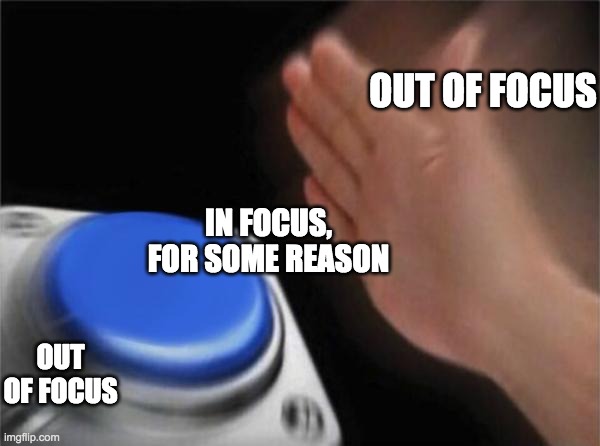 Blank Nut Button | OUT OF FOCUS; IN FOCUS, FOR SOME REASON; OUT OF FOCUS | image tagged in memes,blank nut button | made w/ Imgflip meme maker