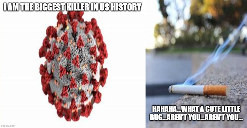 According to the CDC, Cigarettes kill about a half million people a year. That's EVERY year! | I AM THE BIGGEST KILLER IN US HISTORY; HAHAHA...WHAT A CUTE LITTLE BUG...AREN'T YOU...AREN'T YOU... | image tagged in covid vs tobacco | made w/ Imgflip meme maker