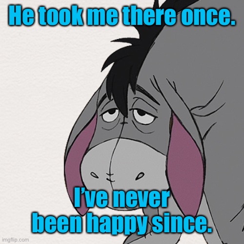 Eyeore | He took me there once. I’ve never been happy since. | image tagged in eyeore | made w/ Imgflip meme maker