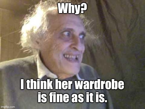 Old Pervert | Why? I think her wardrobe is fine as it is. | image tagged in old pervert | made w/ Imgflip meme maker