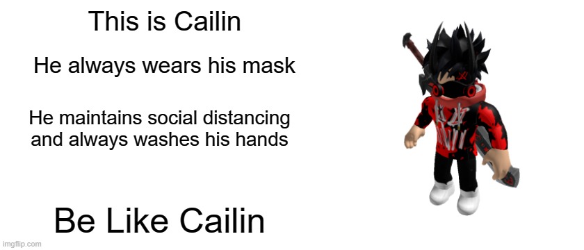 Be Like Cailin Evander | This is Cailin; He always wears his mask; He maintains social distancing and always washes his hands; Be Like Cailin | image tagged in blank white template,roblox,be like | made w/ Imgflip meme maker