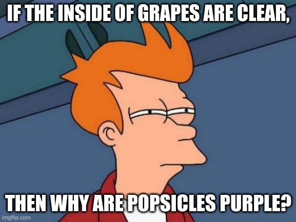 Futurama Fry Meme | IF THE INSIDE OF GRAPES ARE CLEAR, THEN WHY ARE POPSICLES PURPLE? | image tagged in memes,futurama fry | made w/ Imgflip meme maker