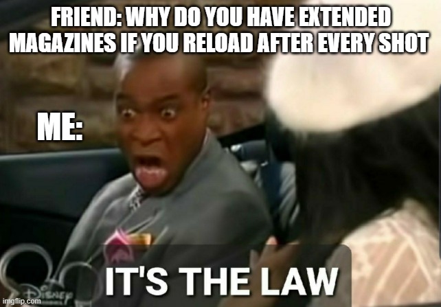 I'm not the only one right | FRIEND: WHY DO YOU HAVE EXTENDED MAGAZINES IF YOU RELOAD AFTER EVERY SHOT; ME: | image tagged in it's the law | made w/ Imgflip meme maker