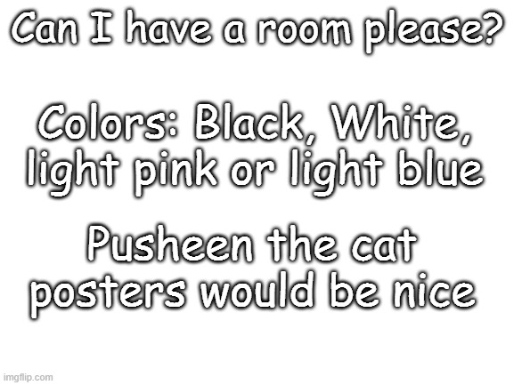 ... | Can I have a room please? Colors: Black, White, light pink or light blue; Pusheen the cat posters would be nice | image tagged in blank white template | made w/ Imgflip meme maker