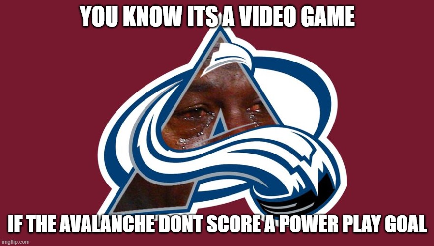 When u play hockey videogame | YOU KNOW ITS A VIDEO GAME; IF THE AVALANCHE DONT SCORE A POWER PLAY GOAL | image tagged in colorado avalanche | made w/ Imgflip meme maker