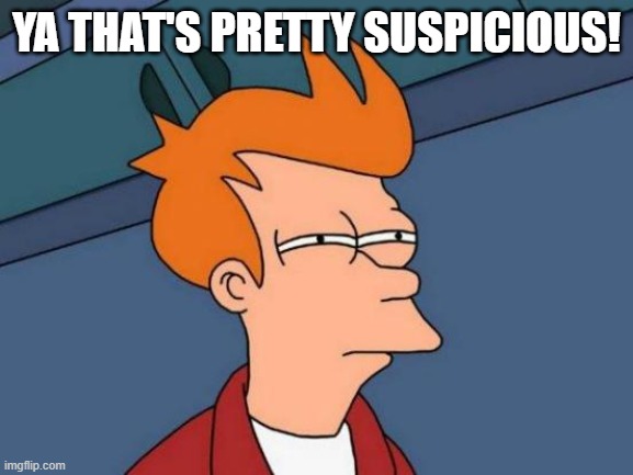 Futurama Fry Meme | YA THAT'S PRETTY SUSPICIOUS! | image tagged in memes,futurama fry | made w/ Imgflip meme maker