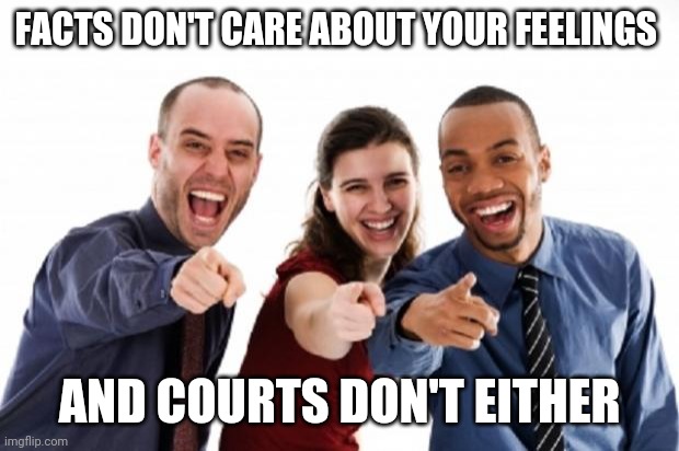 finger pointing laughing | FACTS DON'T CARE ABOUT YOUR FEELINGS AND COURTS DON'T EITHER | image tagged in finger pointing laughing | made w/ Imgflip meme maker