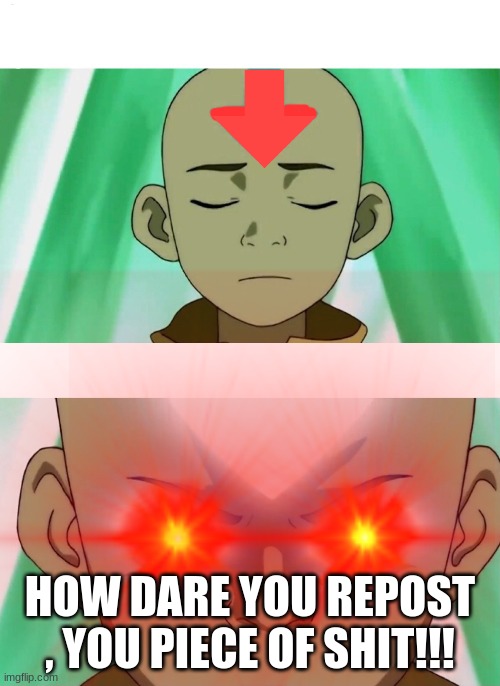 send this to someone who reposts a popular meme |  HOW DARE YOU REPOST , YOU PIECE OF SHIT!!! | image tagged in aang,red eyes,triggered | made w/ Imgflip meme maker