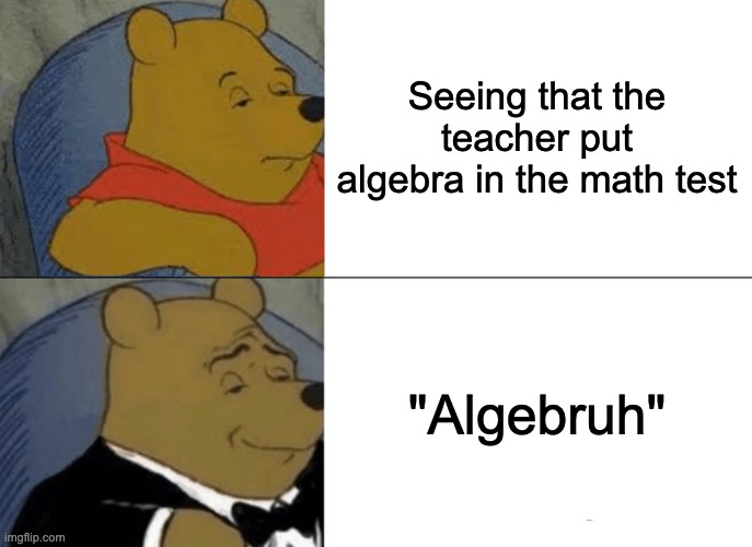 Hahaha funny | Seeing that the teacher put algebra in the math test; "Algebruh" | image tagged in memes,tuxedo winnie the pooh | made w/ Imgflip meme maker