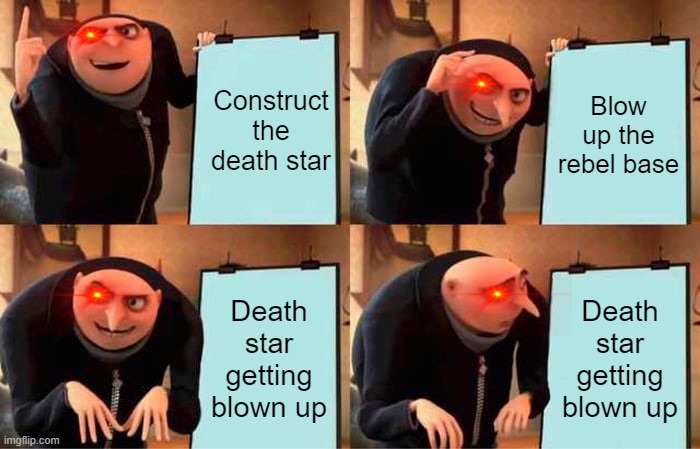 Gru's Plan | Construct the death star; Blow up the rebel base; Death star getting blown up; Death star getting blown up | image tagged in memes,gru's plan | made w/ Imgflip meme maker