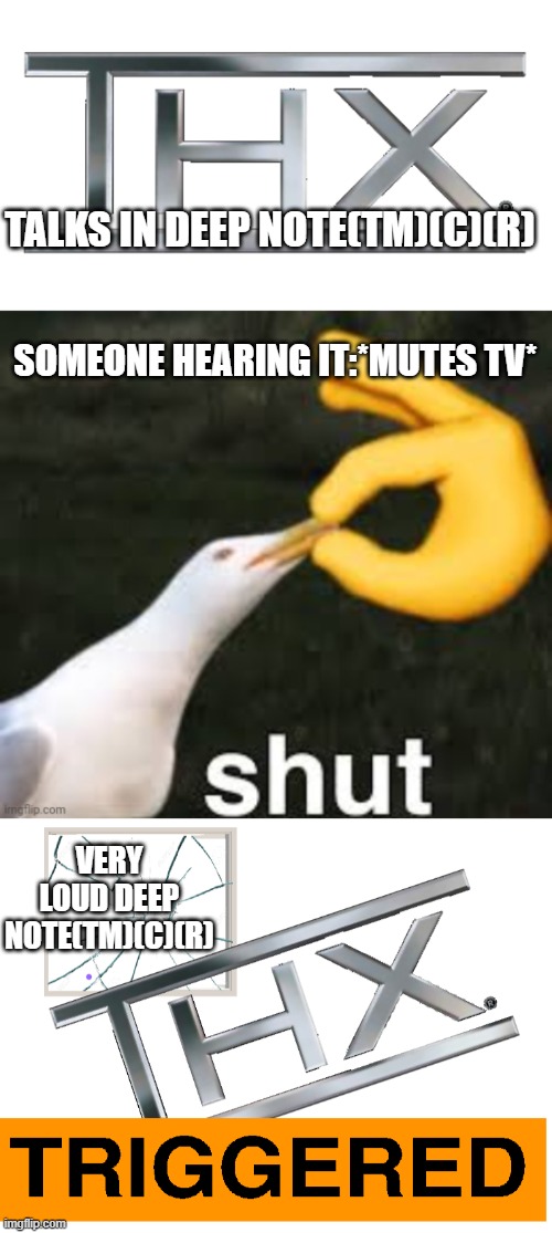 this is why you should not mute the thx logo | TALKS IN DEEP NOTE(TM)(C)(R); SOMEONE HEARING IT:*MUTES TV*; VERY LOUD DEEP NOTE(TM)(C)(R) | image tagged in logo,thx,deep note | made w/ Imgflip meme maker
