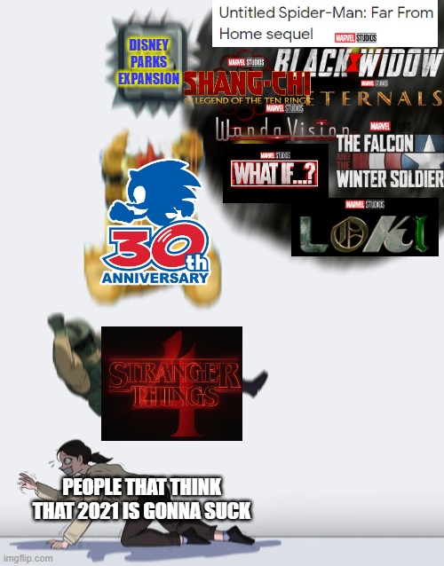 2020 sucks, 2021 will be better | DISNEY PARKS EXPANSION; PEOPLE THAT THINK THAT 2021 IS GONNA SUCK | image tagged in crushing combo,2021,marvel,sonic the hedgehog,stranger things,disney | made w/ Imgflip meme maker