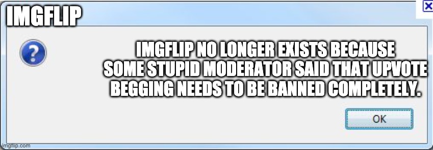 Error Message | IMGFLIP IMGFLIP NO LONGER EXISTS BECAUSE SOME STUPID MODERATOR SAID THAT UPVOTE BEGGING NEEDS TO BE BANNED COMPLETELY. | image tagged in error message | made w/ Imgflip meme maker
