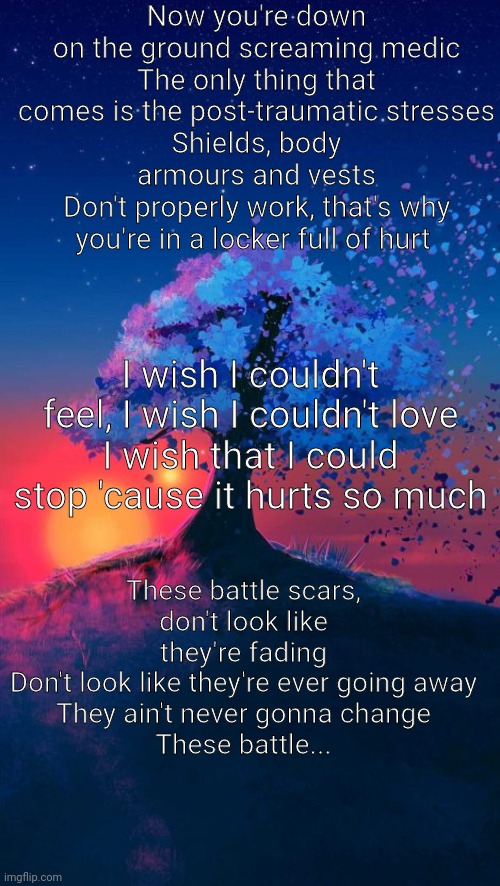 NARF | Now you're down on the ground screaming medic
The only thing that comes is the post-traumatic stresses
Shields, body armours and vests
Don't properly work, that's why you're in a locker full of hurt; I wish I couldn't feel, I wish I couldn't love
I wish that I could stop 'cause it hurts so much; These battle scars, don't look like they're fading
Don't look like they're ever going away
They ain't never gonna change
These battle... | made w/ Imgflip meme maker