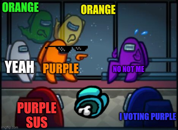 orange blames purple | ORANGE; ORANGE; YEAH; NO NOT ME; PURPLE; PURPLE SUS; I VOTING PURPLE | image tagged in among us blame | made w/ Imgflip meme maker