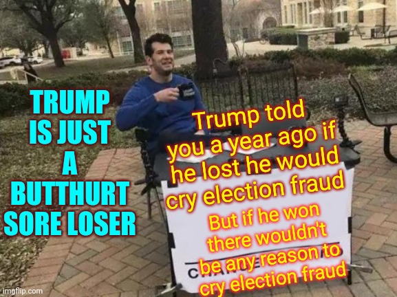 His BS Conspiracy Theories Are Made Of Troll Dung | TRUMP IS JUST A BUTTHURT SORE LOSER; Trump told you a year ago if he lost he would cry election fraud; But if he won there wouldn't be any reason to cry election fraud | image tagged in memes,change my mind,trump unfit unqualified dangerous,trump lost,biden won,trump is a sore loser | made w/ Imgflip meme maker