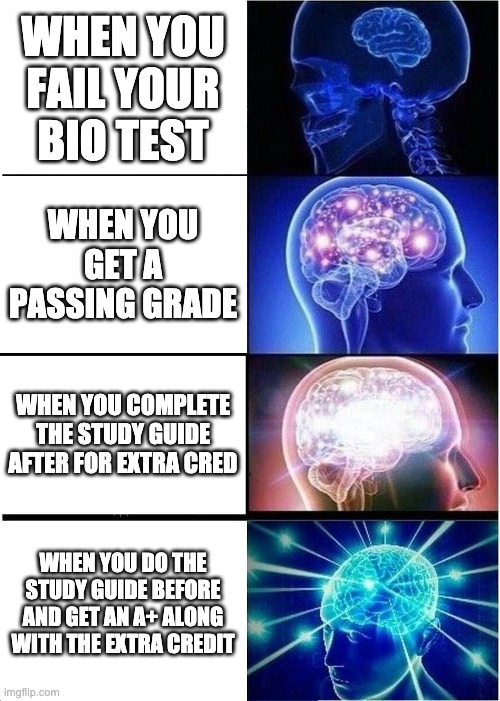 lol | WHEN YOU FAIL YOUR BIO TEST; WHEN YOU GET A PASSING GRADE; WHEN YOU COMPLETE THE STUDY GUIDE AFTER FOR EXTRA CRED; WHEN YOU DO THE STUDY GUIDE BEFORE AND GET AN A+ ALONG WITH THE EXTRA CREDIT | image tagged in biology | made w/ Imgflip meme maker