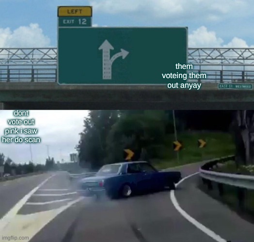 Left Exit 12 Off Ramp Meme | them voteing them out anyay; dont vote out pink i saw her do scan | image tagged in memes,left exit 12 off ramp | made w/ Imgflip meme maker