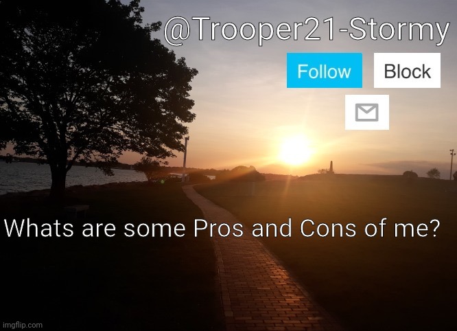 Trooper21-Stormy | Whats are some Pros and Cons of me? | image tagged in trooper21-stormy | made w/ Imgflip meme maker