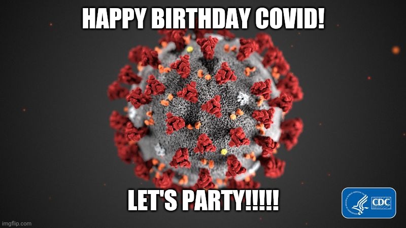 Covid 19 | HAPPY BIRTHDAY COVID! LET'S PARTY!!!!! | image tagged in covid 19 | made w/ Imgflip meme maker