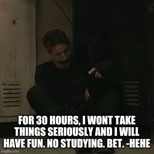 d o i t | FOR 30 HOURS, I WONT TAKE THINGS SERIOUSLY AND I WILL HAVE FUN. NO STUDYING. BET. -HEHE | image tagged in nf_fan | made w/ Imgflip meme maker