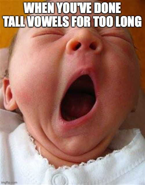 Yawn | WHEN YOU'VE DONE TALL VOWELS FOR TOO LONG | image tagged in yawn | made w/ Imgflip meme maker