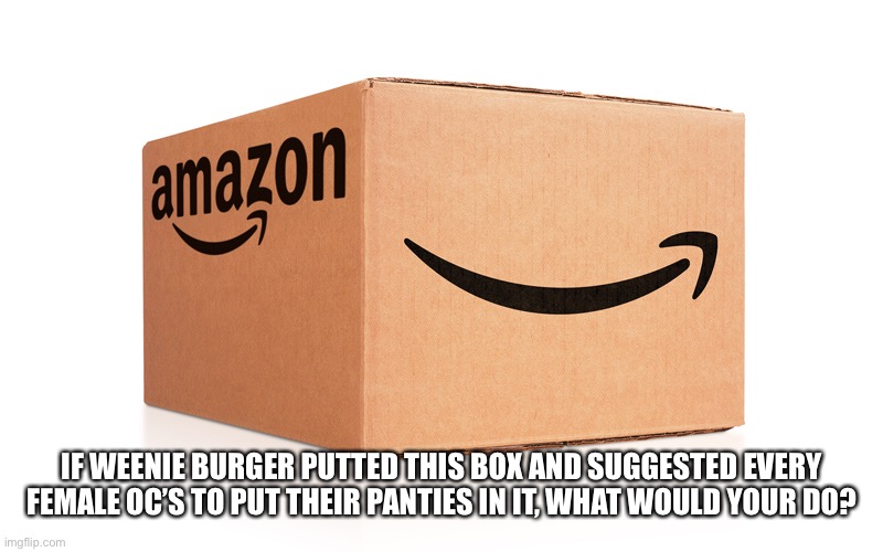 I really need to stop making these Weenie Burger memes.. | IF WEENIE BURGER PUTTED THIS BOX AND SUGGESTED EVERY FEMALE OC’S TO PUT THEIR PANTIES IN IT, WHAT WOULD YOUR DO? | image tagged in amazon box | made w/ Imgflip meme maker