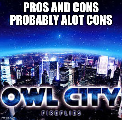 Owl city | PROS AND CONS
PROBABLY ALOT CONS | image tagged in owl city | made w/ Imgflip meme maker