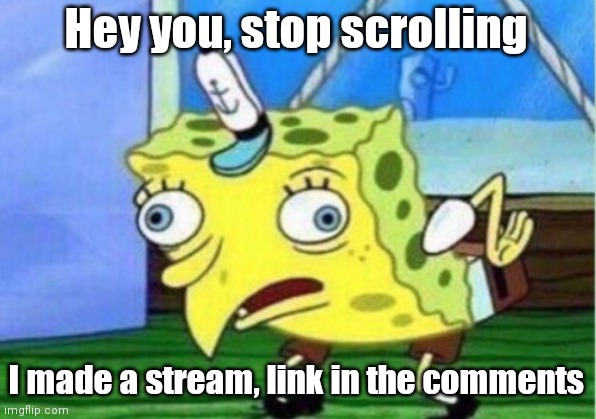 STOP SCROLLING!! Help me blow up my new stream!! | Hey you, stop scrolling; I made a stream, link in the comments | image tagged in memes,mocking spongebob | made w/ Imgflip meme maker