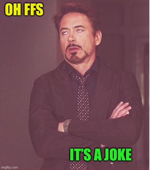 Face You Make Robert Downey Jr Meme | OH FFS IT’S A JOKE | image tagged in memes,face you make robert downey jr | made w/ Imgflip meme maker
