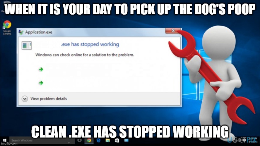 Dog poop situation | WHEN IT IS YOUR DAY TO PICK UP THE DOG'S POOP; CLEAN .EXE HAS STOPPED WORKING | image tagged in exe has stopped working | made w/ Imgflip meme maker