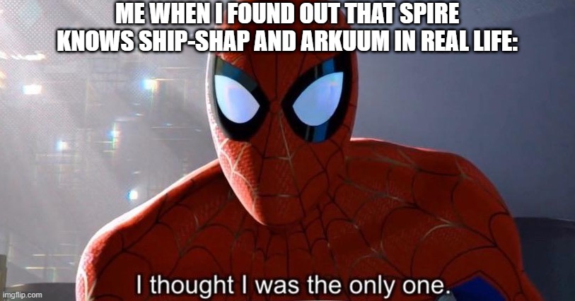 I actually know OOF_FOO in real life. | ME WHEN I FOUND OUT THAT SPIRE KNOWS SHIP-SHAP AND ARKUUM IN REAL LIFE: | image tagged in i thought i was the only one,spider-man,marvel,imgflip,imgflip users,in real life | made w/ Imgflip meme maker